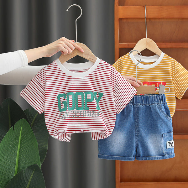 Children's summer suit 2025 new children's foreign style boys' summer fashionable striped short-sleeved two-piece set