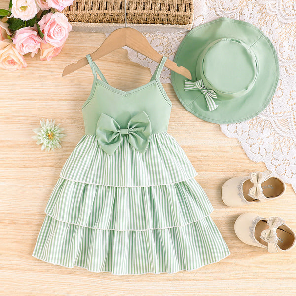2025 cute baby girl summer new striped pattern suspender cake dress dress + hat dress