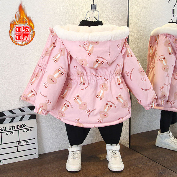 Girls' winter cotton-padded clothes 2024 winter clothes, baby girls' foreign-style velvet warm jacket, medium and small children's new waist cotton clothes