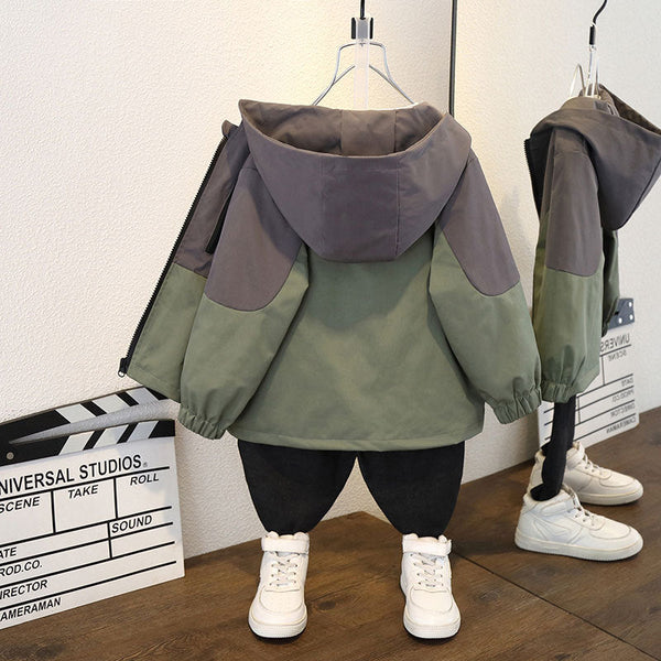 2025 Boys’ Jacket – Color-Block Hooded Trench Coat & Long-Sleeve Top