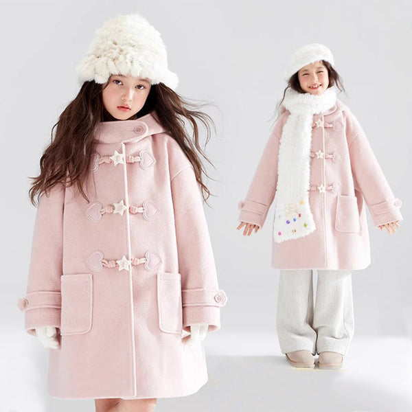 2025 New Girls’ Peach Pink Woolen Coat – Thick Warm Winter Jacket with Cute Star Croissant Buckles