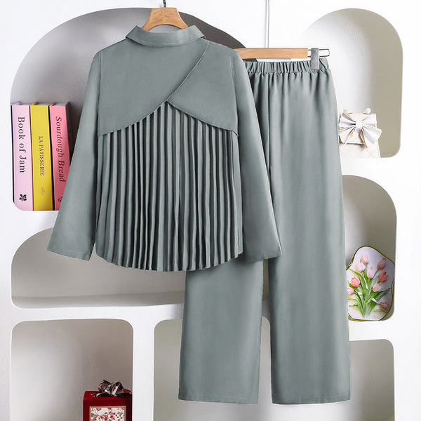 Girls’ 2-Piece Set 2025 – Back Pleated Long Sleeve Top & Casual Pants