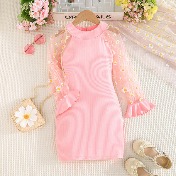 Summer elegant lady small daisy mesh lotus leaf sleeve round neck straight skirt dress casual new