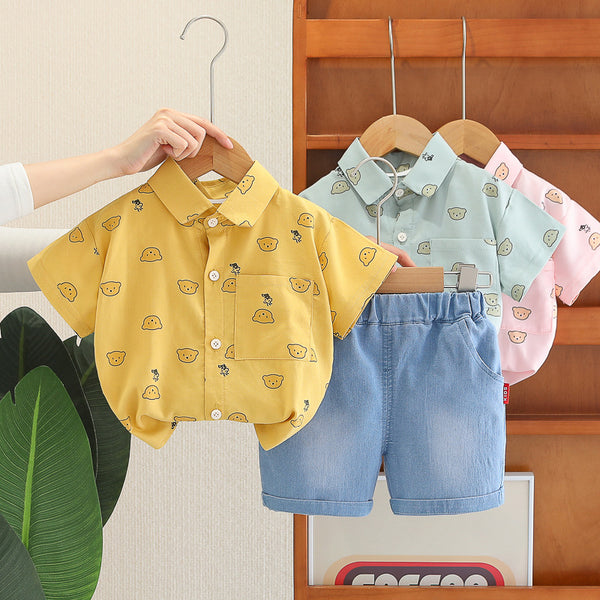 2025 summer new children's cartoon full print shirt short-sleeved set medium and children's casual denim shorts two-piece set