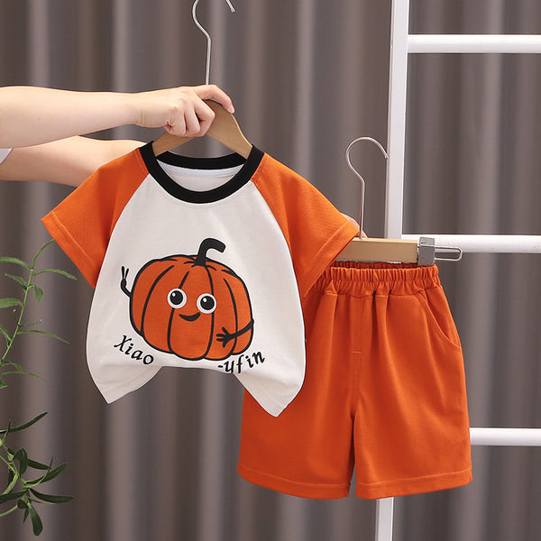Boys and girls summer short-sleeved set 2025 new cute cartoon printing summer children Korean version two-piece set