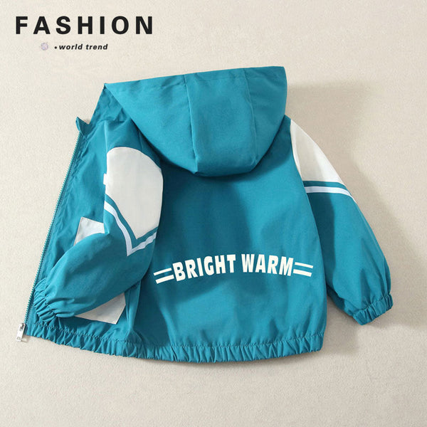 Mid-sized and older boys and babies spring new Korean version hooded jacket girls fashion color matching letter printing jacket fashion