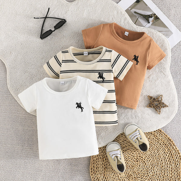 Summer simple and cute new baby striped embroidered short-sleeved t-shirt 3-piece combination daily outdoor