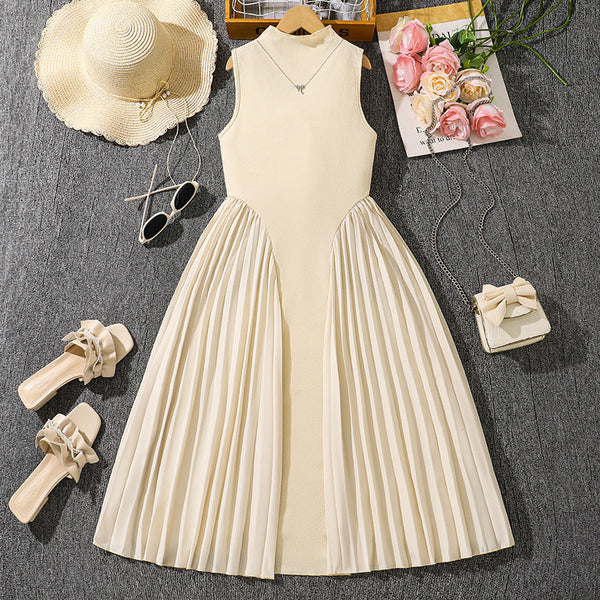 Girls’ Sleeveless Pleated Long Dress – Foreign Trade Stand-Up Collar Elegant Dress