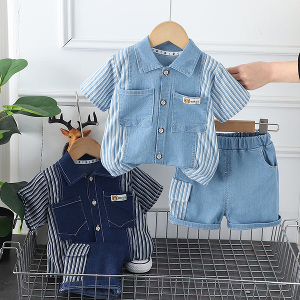 2024 summer new boys short-sleeved denim lapel vertical strip color matching children's set two-piece set