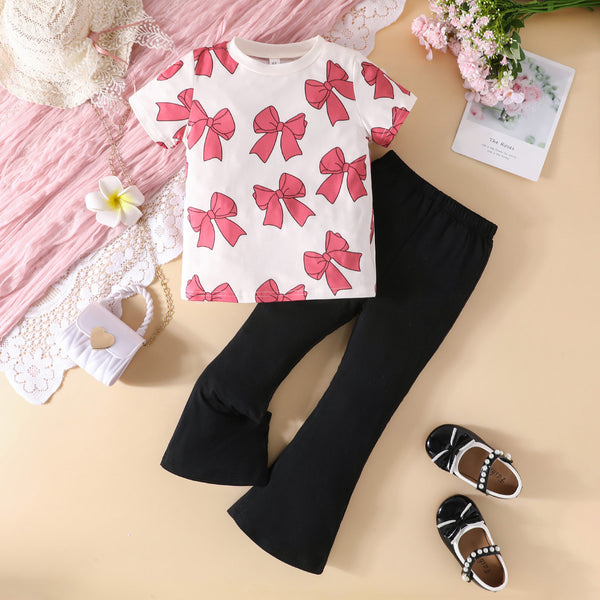 2025 cute fashion new girls bow pattern top + trousers set summer daily leisure