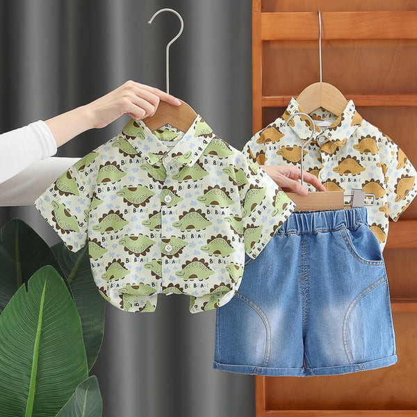 Children's summer suit 2025 new summer flower shirt short-sleeved children's dinosaur shirt two-piece set trendy wholesale