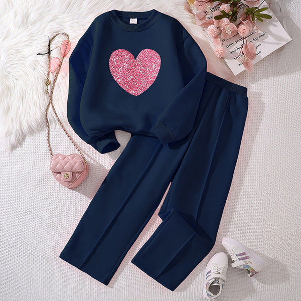 Girls’ Autumn & Winter Two-Piece Suit – Long-Sleeved Velvet Sweater with Casual Trousers