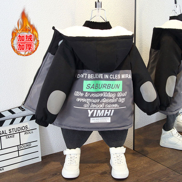 Boys' jackets autumn and winter 2025 new pie overcomes spring fashionable older children's velvet thickened children's cotton clothes