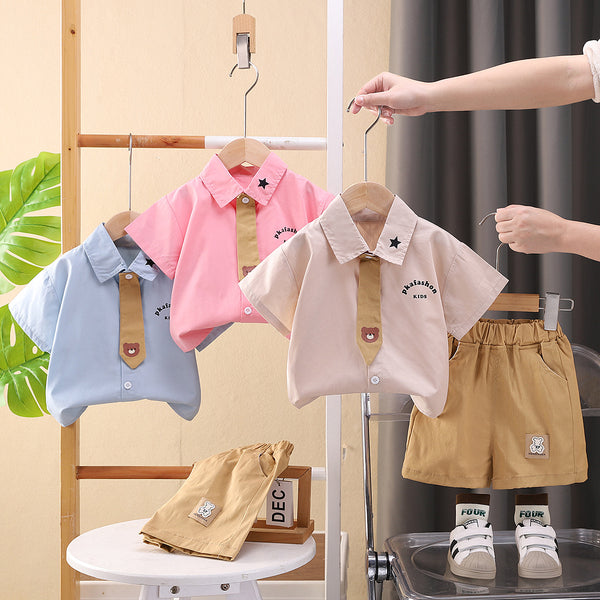 New summer children's clothing lapel short-sleeved tie two-piece set 2025 casual boys and girls casual suit