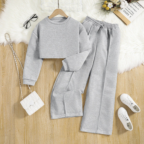Girls’ Two-Piece Suit – Casual Long-Sleeved Short Top with Wide-Leg Pants