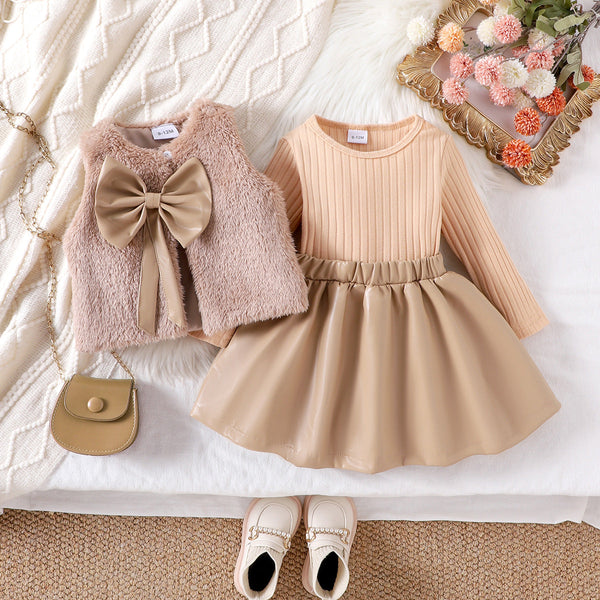 Girls’ Autumn Winter 3-Piece Set – Coffee Long Sleeve Shirt, Vest & Skirt | New 2025 Cross-Border Kids’ Fashion Outfit