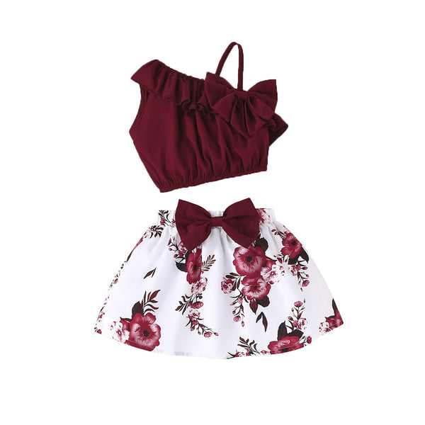 2025 summer new cute baby girl shoulder sling vest + flower pattern skirt, casual suit