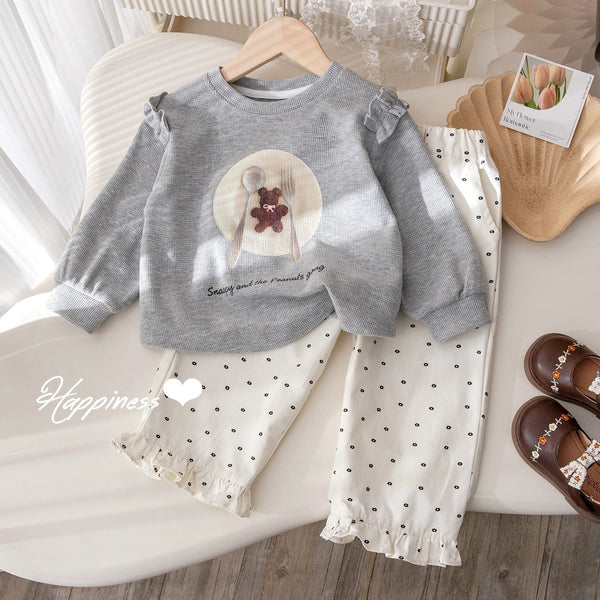 2025 Girls’ Korean-Style Two-Piece Outfit – Printed Sweater + Lace Casual Pants