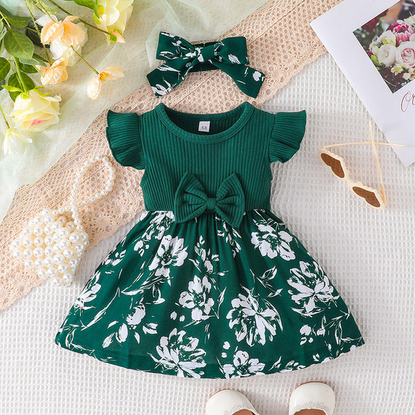 Little girls sweet bow flying sleeve dress, baby cute splicing skirt + headscarf two-piece set FD