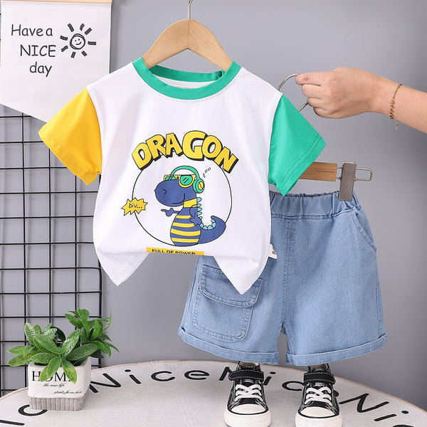 Boys' summer suit 2025 new printed short-sleeved medium and small children's summer suit cartoon short-sleeved two-piece set