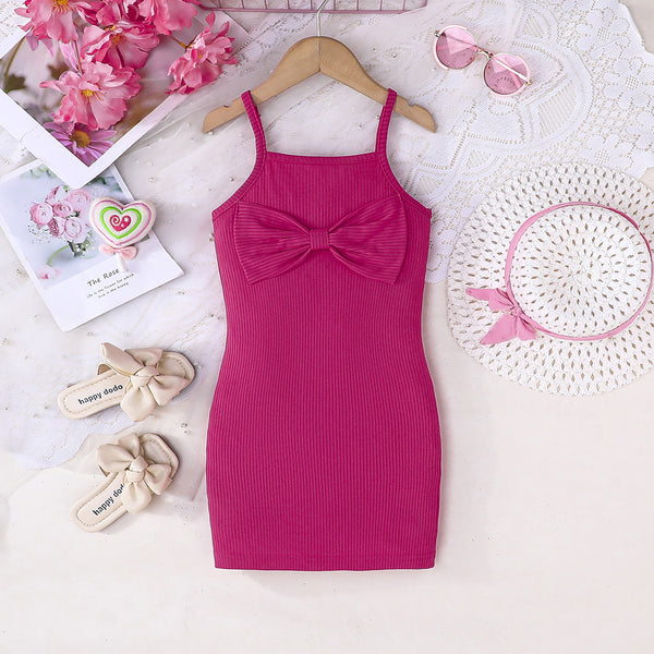 2025 simple and fashionable girls' new big bow decoration solid color suspender skirt, cool and casual in summer