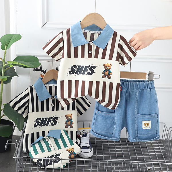 Boys summer suit 2025 new children's handsome striped shirt short sleeve two-piece set trendy
