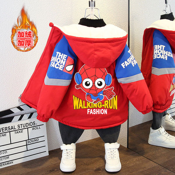 Boys' jacket autumn and winter 2025 new hooded clothing winter fashionable older children's fleece thickened hooded cartoon