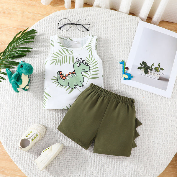 Summer new products, simple and fashionable baby boy dinosaur pattern vest + shorts, daily sports suit