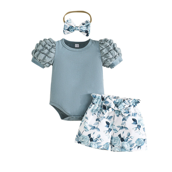 Cute baby girl, flower pattern, short-sleeved Romper, fart coat with shorts + headscarf.