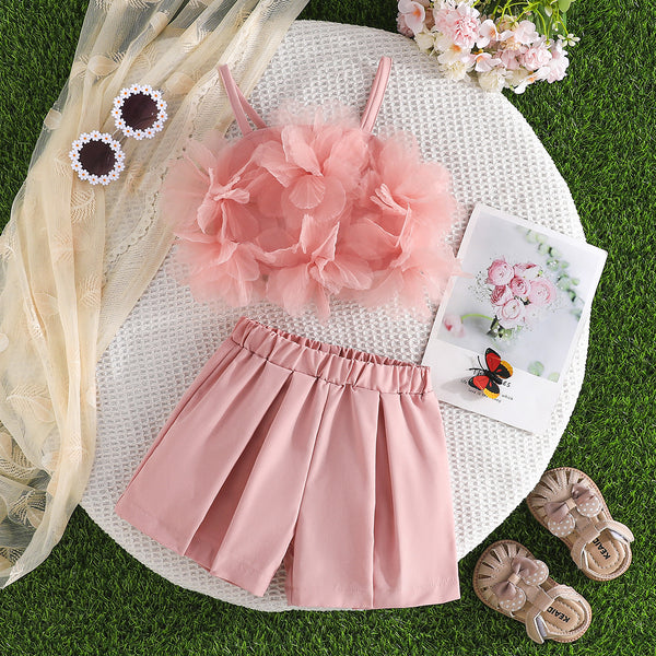 Cute fashion girl new three-dimensional decal suspender solid color shorts set summer leisure vacation