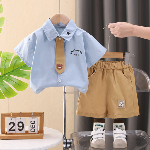 New summer children's clothing lapel short-sleeved tie two-piece set 2025 casual boys and girls casual suit