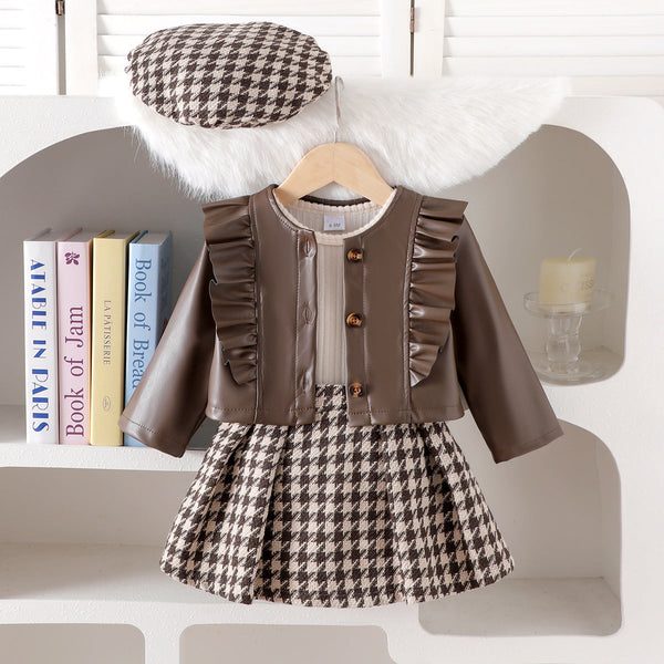 Girls’ 3-Piece Outfit 2025 – Coffee Jacket, Base Shirt & Short Skirt | European & American Style Cross-Border Kids’ Fashion for Spring and Autumn