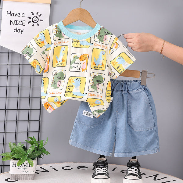 Children's short-sleeved 2025 summer new cartoon printed short-sleeved T-shirt boys loose short-sleeved two-piece set