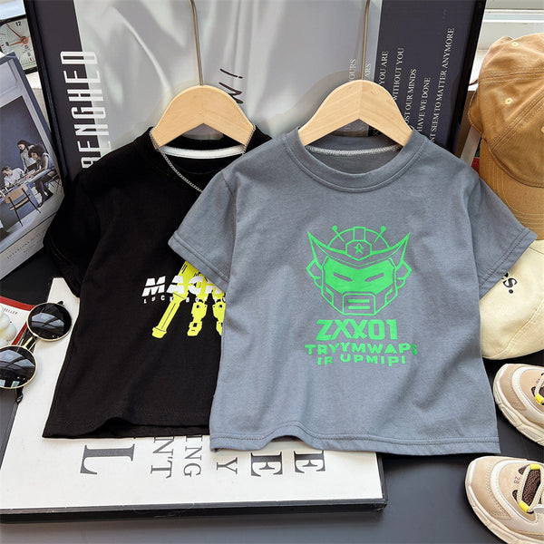 Children's summer new men's treasure pure cotton T-shirt 2025 loose casual top mecha printing children's clothing