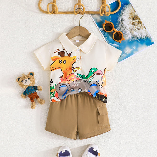 Summer new fashion handsome cartoon animal short-sleeved square collar top with shorts casual suit