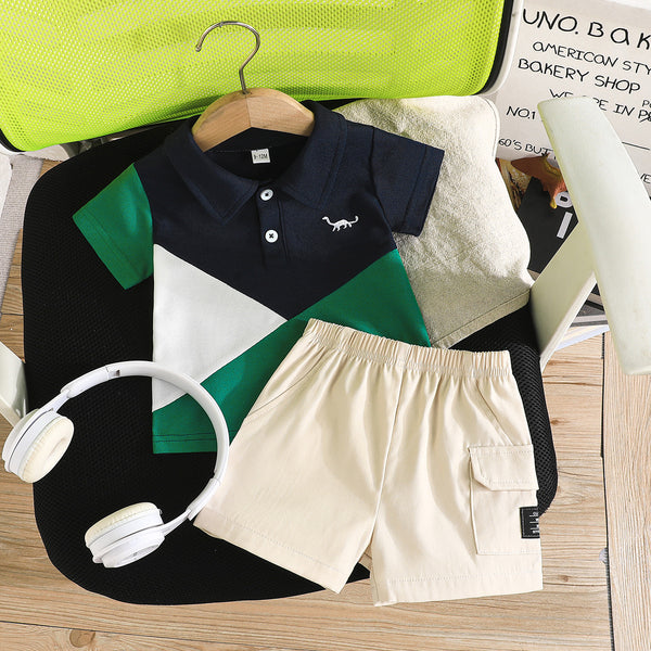 2025 summer new simple fashion baby boy dinosaur embroidered contrasting top + shorts casual suit
