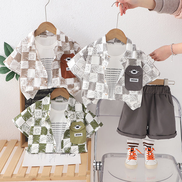 Boys summer shirt set 2025 new pocket children's summer plaid short-sleeved lining three-piece