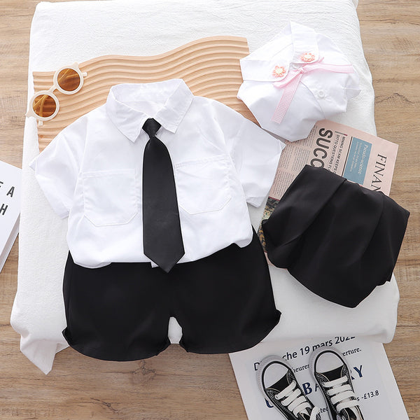 Boys and girls summer suit 2025 new children's summer shirt tie short-sleeved clothes two-piece set trendy