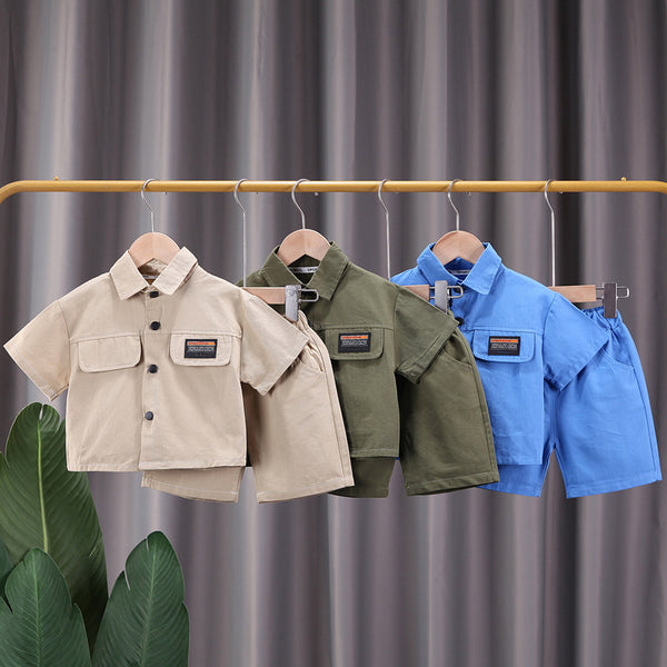 2025 new children's clothing children's short-sleeved t-shirt set summer thin children's tooling shirt two-piece set