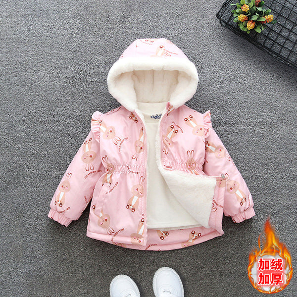 2025 Girls’ Winter Velvet Jacket – Kids’ Cotton-Padded Coat with Cartoon Rabbit Hood, Thickened Warm Outerwear