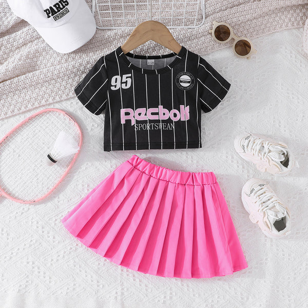 Cute letter striped pattern short T-shirt + pleated short skirt set summer sports style new