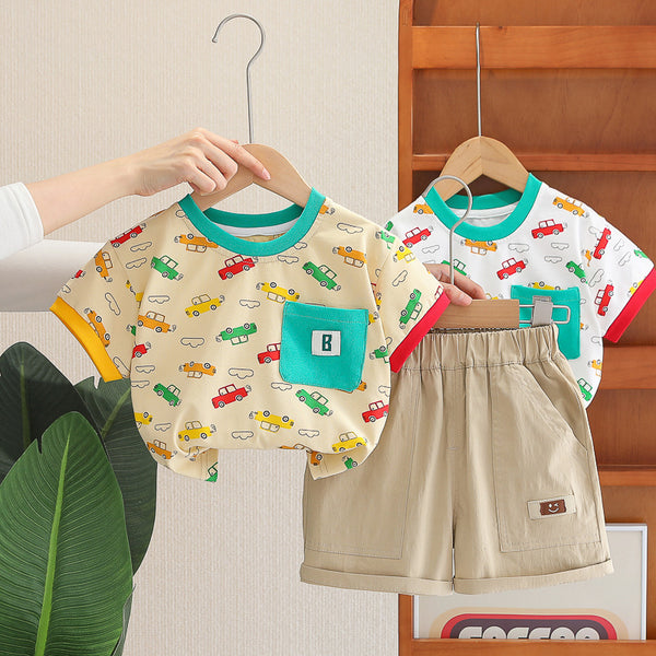 2025 summer new children's full print cartoon round neck short-sleeved set medium and children's casual shorts two-piece set
