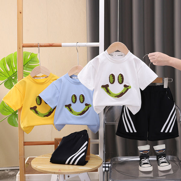 Summer boys smiley face embroidered short-sleeved T-shirt 2025 Korean new products medium and small children short-sleeved two-piece set