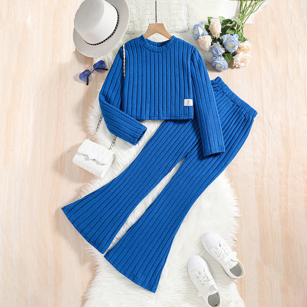 Girls’ Two-Piece Knitted Suit – European & American Style Long-Sleeved Top with Bell Pants