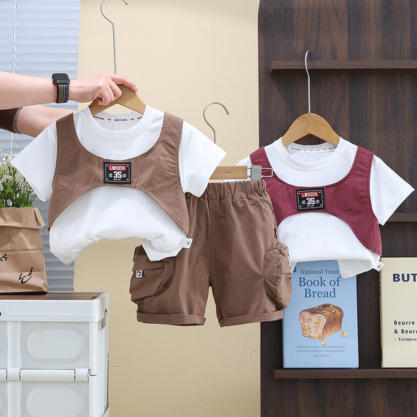 2025 summer children's clothing new tooling cotton suit shorts fake vest boys summer clothes T-shirt