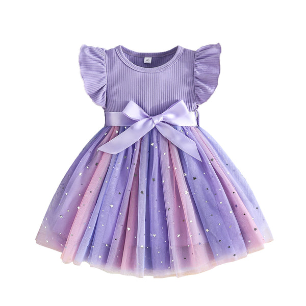 2025 summer elegant lady style princess dress star and moon silver mesh skirt pendulum crew neck dress + belt