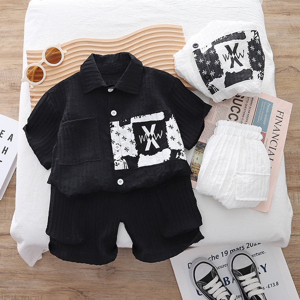 2025 new summer boys lapel letter printing short-sleeved shirt cotton two-piece set