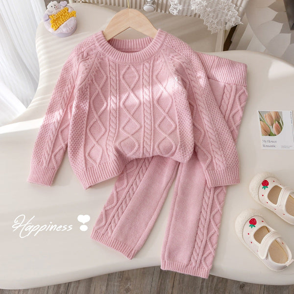 2025 Girls’ Autumn Winter Knitted Two-Piece Set – Thick Warm Jacquard Sweater + Solid Color Pants