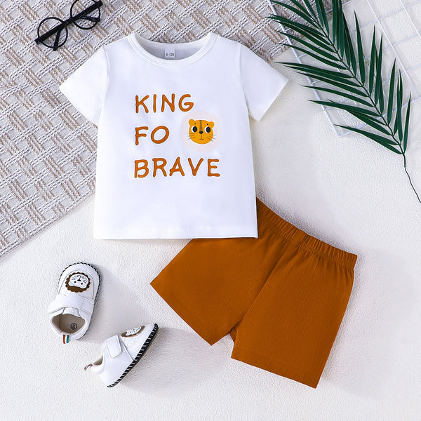 2025 summer new baby boy cute simple letter tiger print T-shirt + solid color shorts 2-piece set