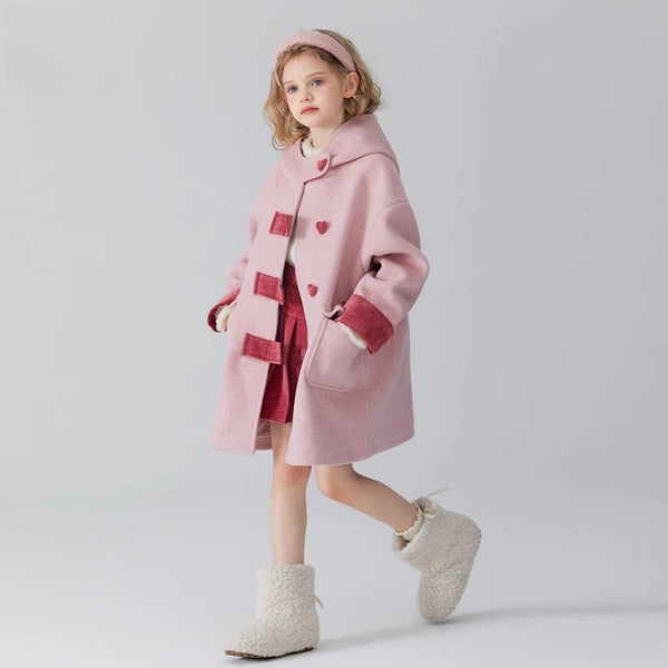 2025 High-End Girls’ Woolen Coat – Contrast Color Thickened Hooded Winter Jacket for Kids, Elegant Warm Outerwear